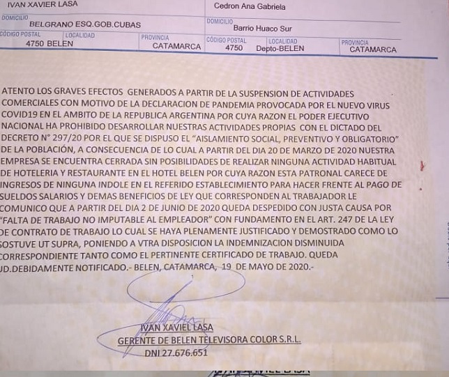 Carta documento despido, Hotel Belén. Carta documento despido, Hotel Belén.